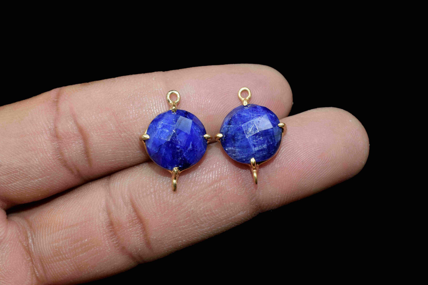 Blue Sapphire Round Connector,Charm for bracelet necklace Jewelry Making,Handmade Gemstone Bezel,Beads Prong Jewelry,double bail connector