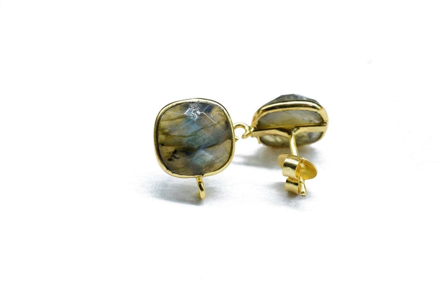 1 Pair Natural Labradorite 10mm Cushion Connector Post Stud,Earring Connectors,Labradorite Jewelry, Jewelry Findings,Single Loop Connectors