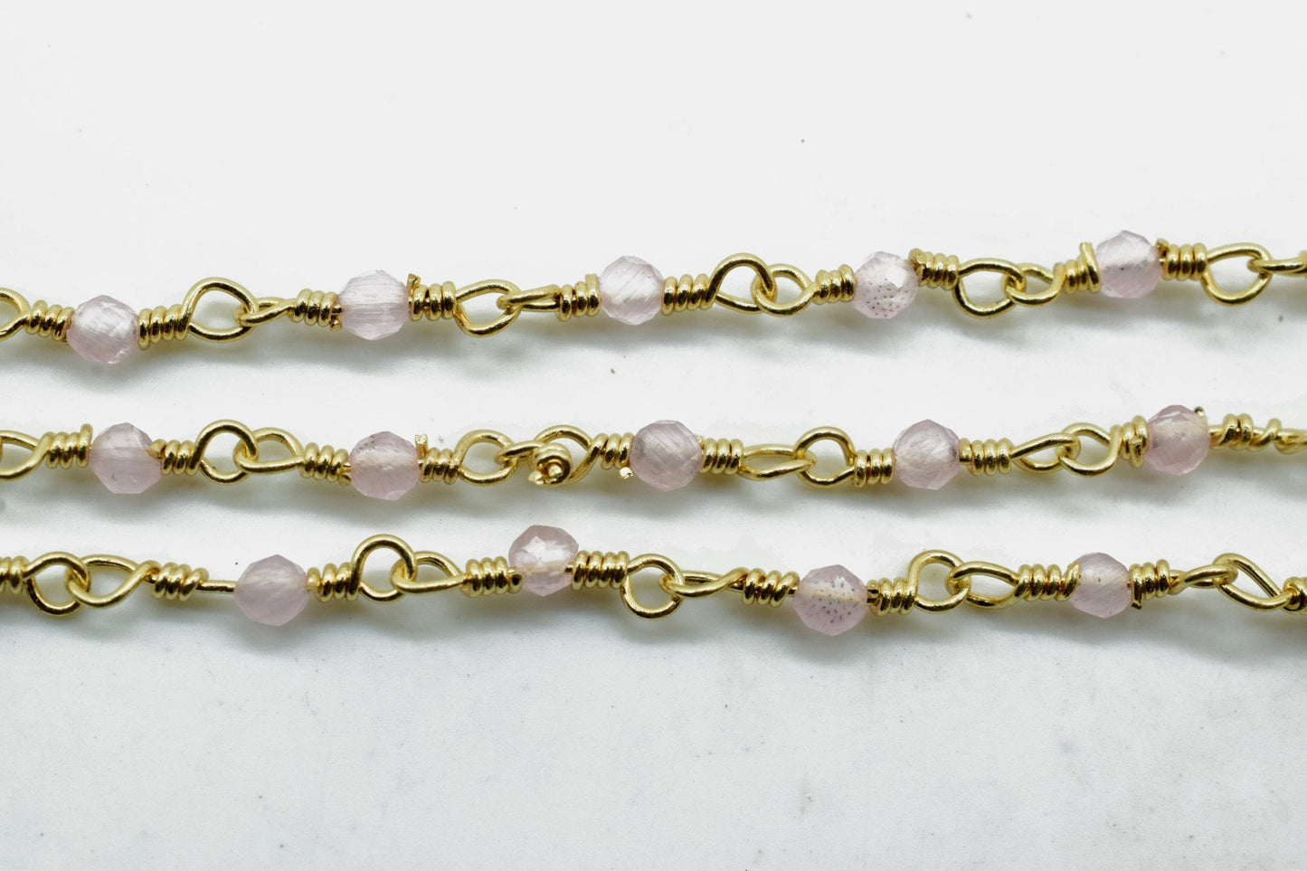 Rose Quartz 2mm Beaded Chain,Rose Quartz Rosary,Gold Plated Wire Wrap Chain,Brasschain,Jewelry Making Chain,Rosary,Rose Quartz vermeil chain
