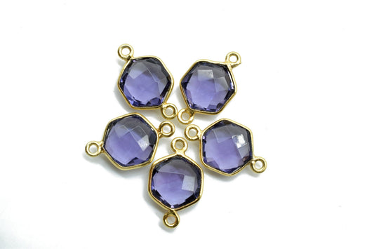 Amethyst 10mm Hexagon shape Double loop connectors,Amethyst Pendant,Amethyst bezel link,Gemstone Hexagonal Cone Charm,Amethyst Minimal Stone