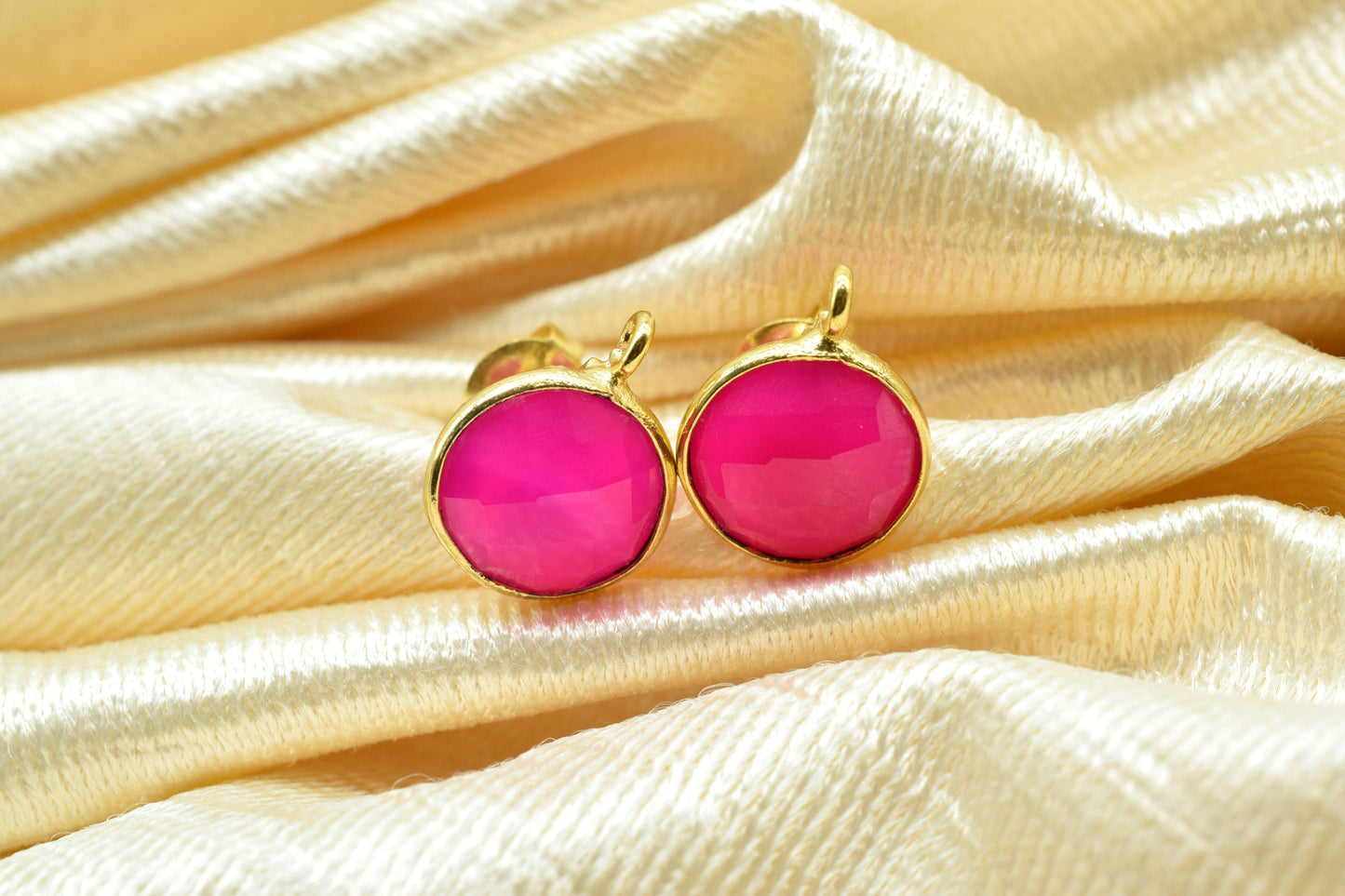 Pink Chalcedony 10mm Earring connector Stud post setting with loop hoop open bail,Hot Pink Chalcedony Round Gold Plated Earring With Loops