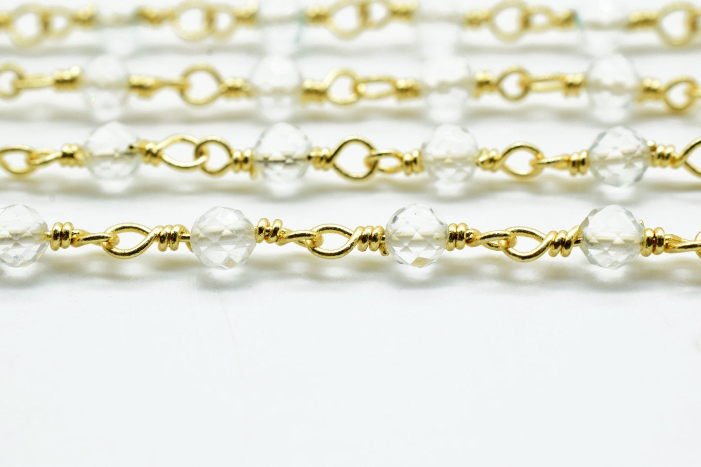 Crystal 3mm Beaded Chain,Rosary Bead, Cut Glass, Super Sparkly, By Foot, Wrapped Brass Wire, Necklace, Bracelet,Easy Open Eyepin gold Chain