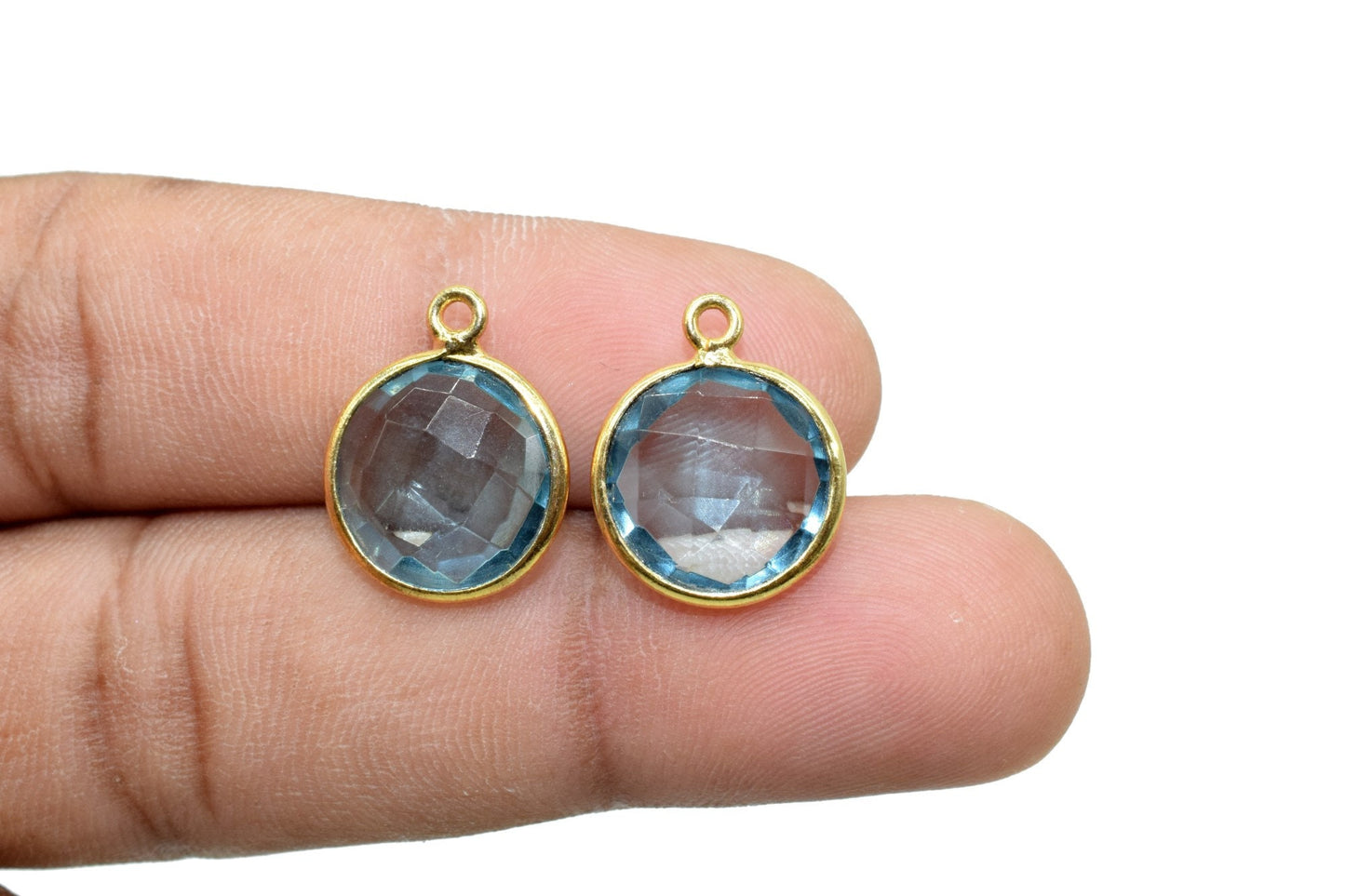 Sky Topaz 12mm Round charm,Brass Gold Plated bezel,Sky Topaz Pendant,Teardrop,Light Gold Bezel Trim Edge Faceted Gemstone,Sky Topaz charm