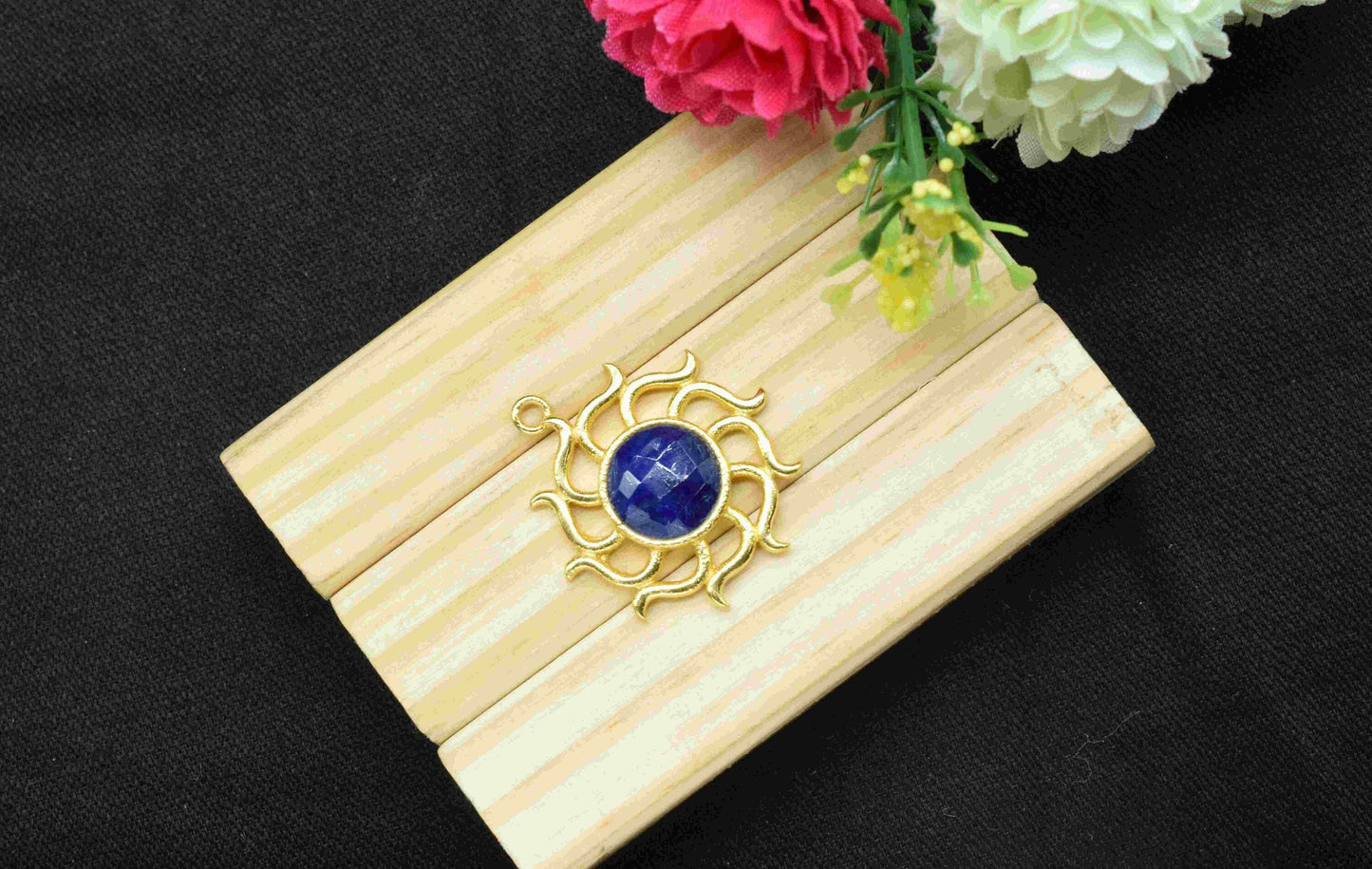 Sapphire Gemstone Component, Single Bail Charm , Sapphire  Connector Pendant , Gold Plated Connectors , Earring Component