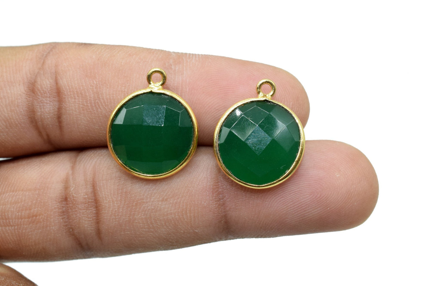 Natural Green Onyx 14mm Round charm,Brass Gold Plated bezel,Green Onyx single Bail Pendant,Stone Links,Gems Station,Onyx Earring Supplies,
