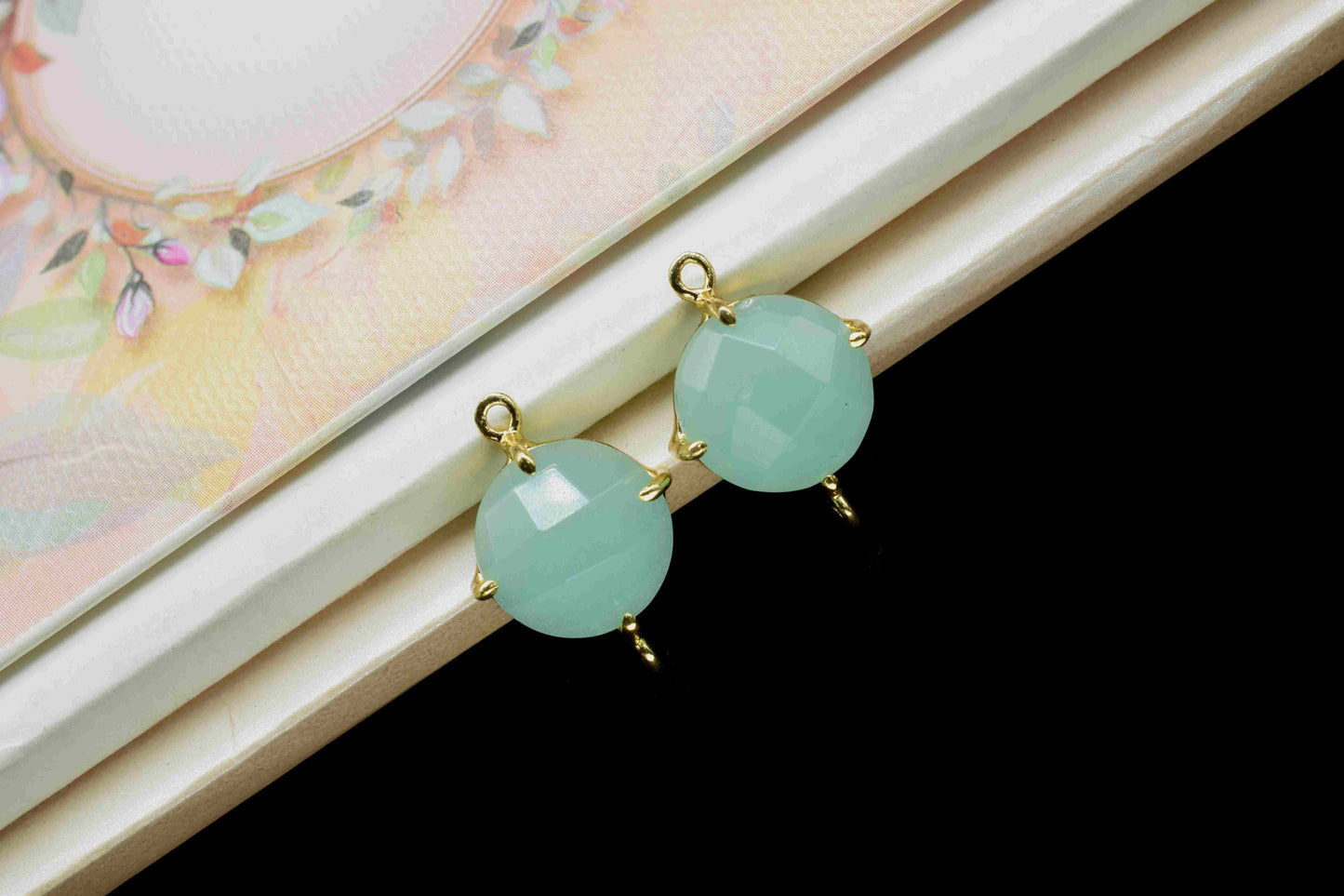 Aqua chalcedony Round Connector,double bail connector,Aqua Quartz Beads jewelry,Handmade Gemstone Bezel,Aqua Quartz Prong Bezel Charms,Gift