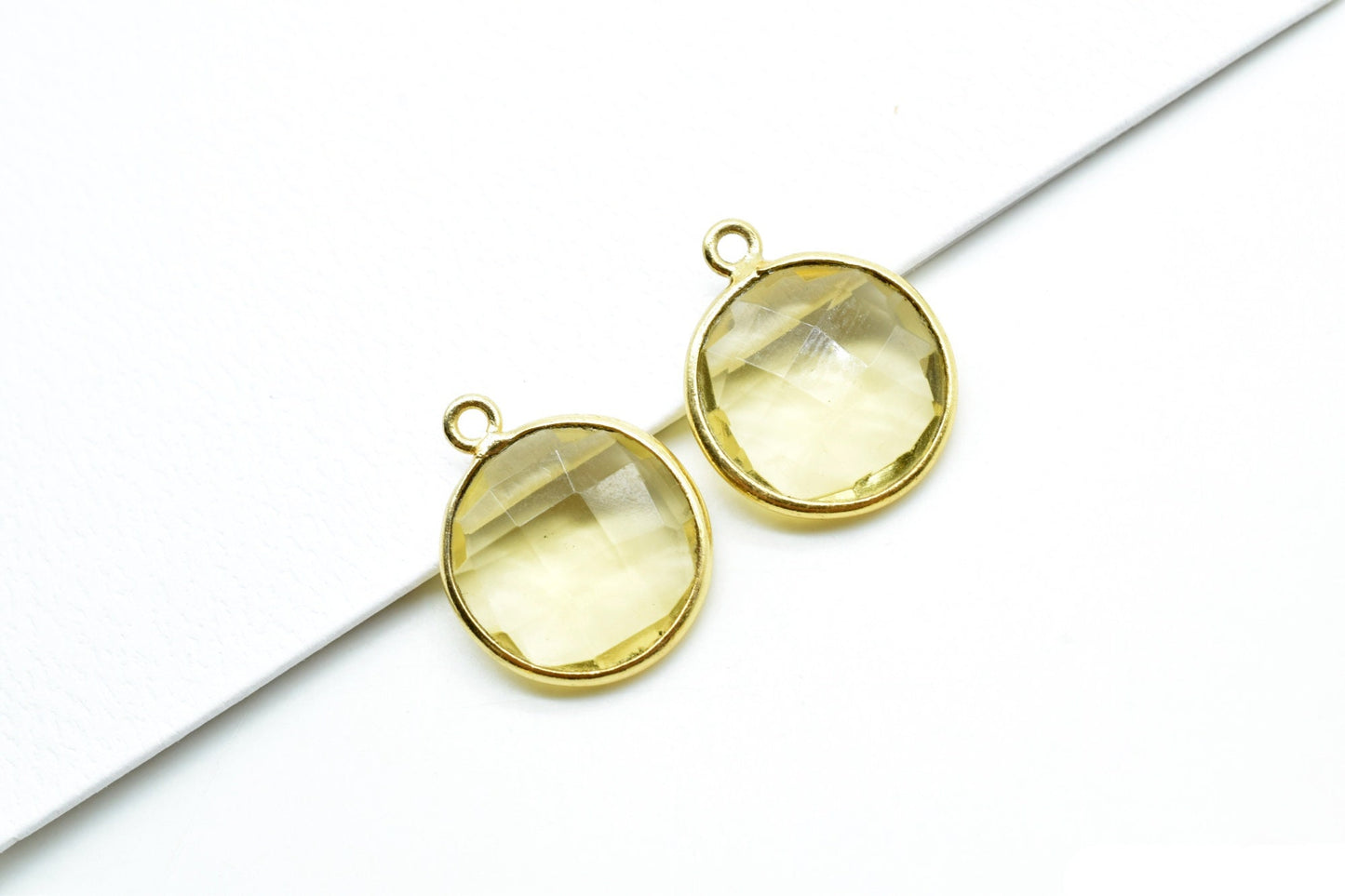 Natural Citrine 14mm Round charm,Brass Gold Plated bezel,Citrine single Bail Pendant,Citrine gold plated bezel,Citrine single connectors,