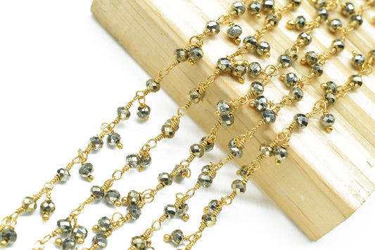 Natural Pyrite Dangling beaded Chain,Gemstone Rosary Chain,Wire Wrapped Necklace Chain,Pyrite Cluster Rosary Chain,Handmade Beads Jewelry