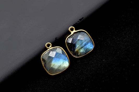 Blue Flash Labradorite 12mm & 14mm cushion shape single loop connectors,Brass Gold Plated bezels,Labradorite Pendants,Labradorite  bezels