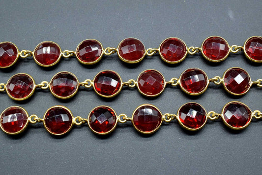 Garnet Round Shape connector link chain,Garnet 18k Gold Plated Bezel chain,Red Quartz Chain,Charm Link Connector,Gemstone  Connector Chain