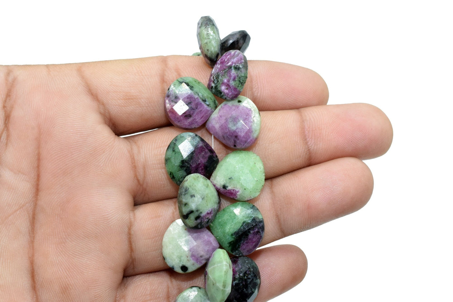 Natural Ruby Zoisite 14mm Heart Shape Briolettes,Green Raspberry Pink Semi Precious Gemstones,Ruby Zoisite Drilled Pear quality Briolettes