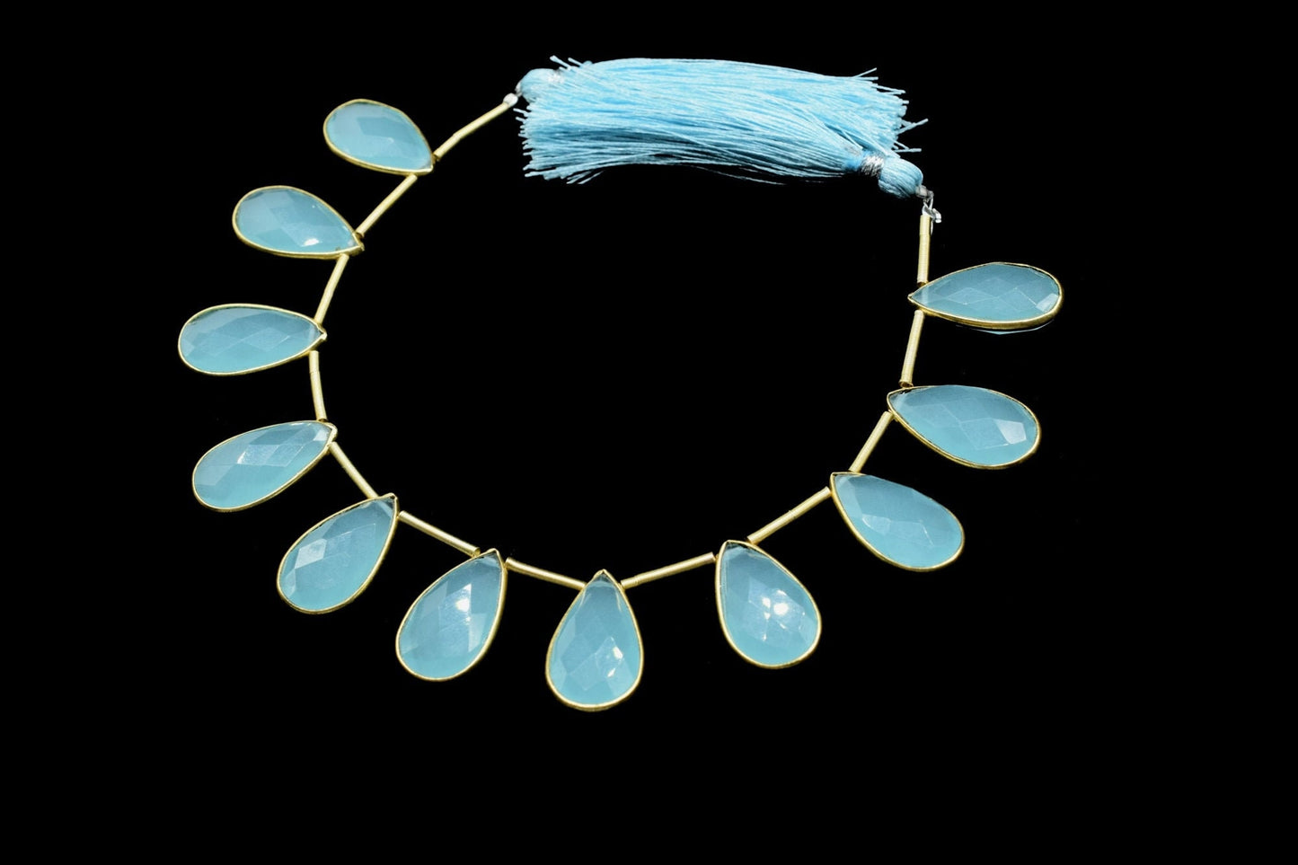 Aqua Chalcedony Side to Side Drilled chrams,Faceted Teardrop Gold Bezel ,pendant,earring findings,connector,Gemstone drilled bezel strand