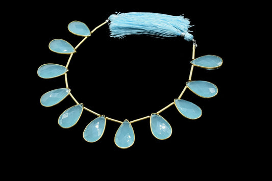 Aqua Chalcedony Side to Side Drilled chrams,Faceted Teardrop Gold Bezel ,pendant,earring findings,connector,Gemstone drilled bezel strand