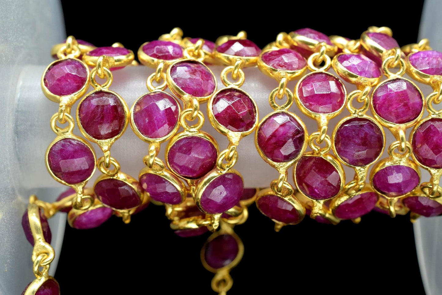 Natural Ruby Faceted Bezel Connector,Finding Round Bezel Chain,handmade Jewelry Chain,Station Link Chain,Ruby Round Beads Chain necklace