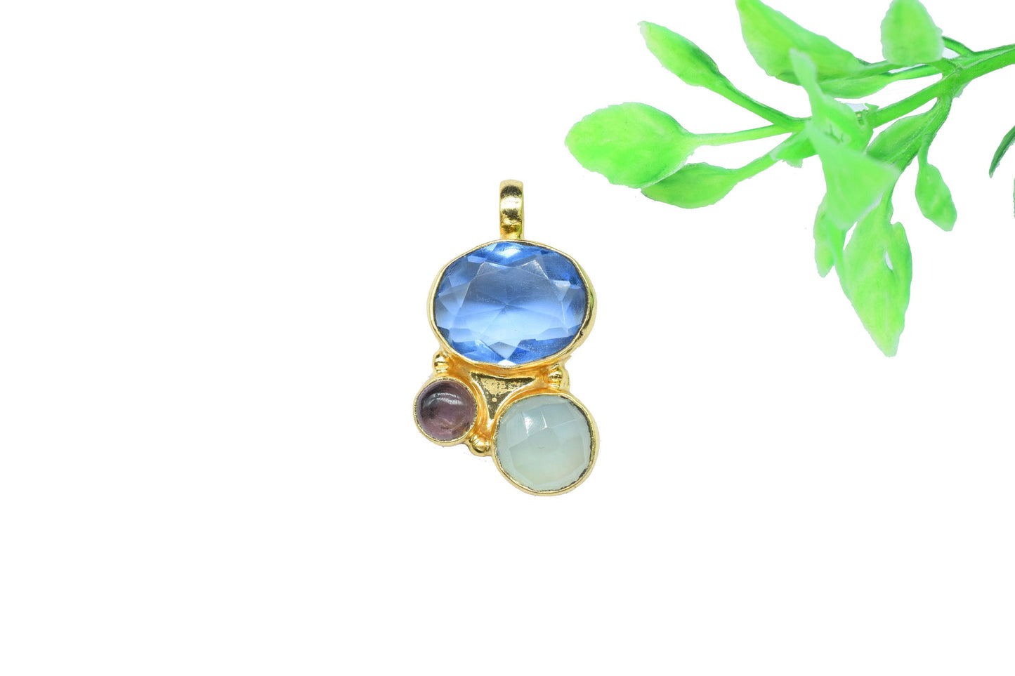 Three Stone Pendant,Handmade Pendant,Aqua Quartz Pendant,Boho Pendant,Brass Pendant Charm,Tanzanite Pendant,Gemstone Pendants jewelry Gift