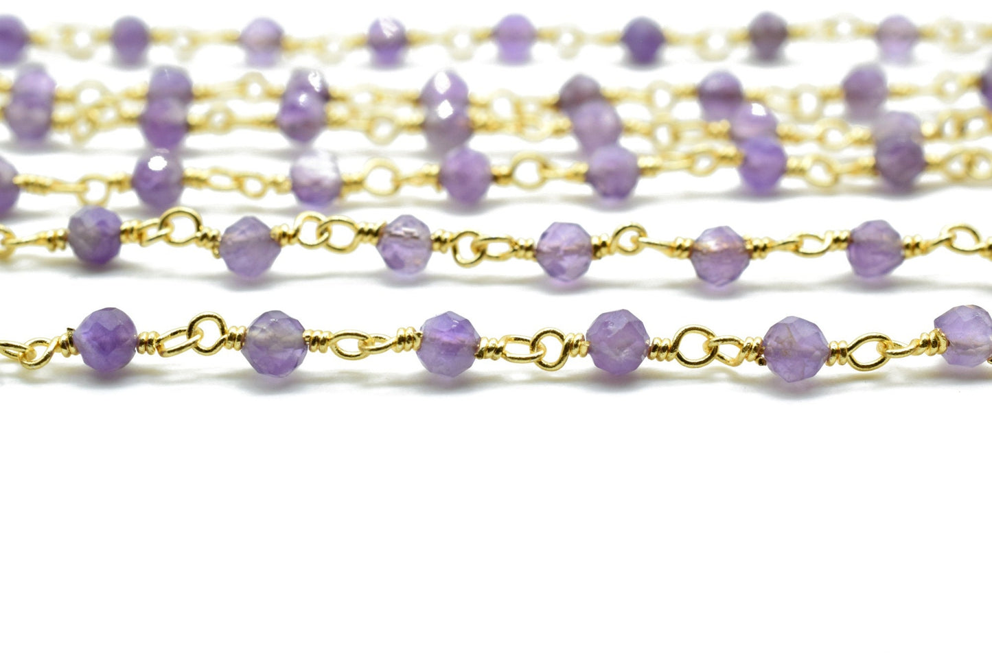 Amethyst 3mm Beaded Chain,Amethyst wire wrapped rosary chain,Roundel Faceted Gold Plated Beaded Rosary Chain,Beautiful Amethyst Beaded Chain