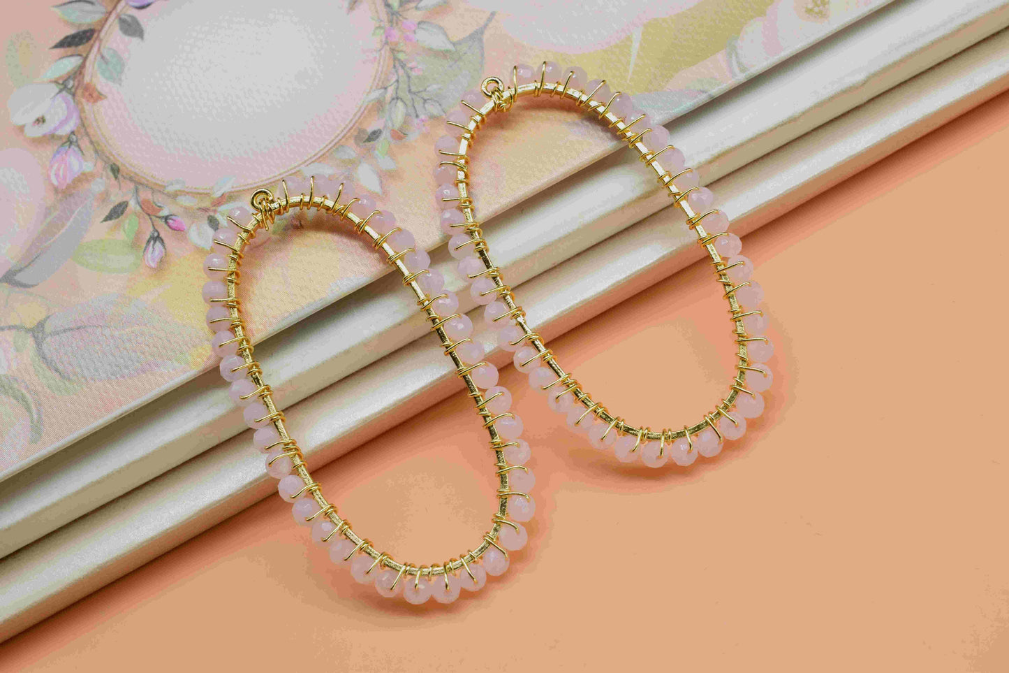 Pink Chalcedony Wire Wrapped Connector,Oval Pendant Component,Rose Quartz Handmade link,Beaded Hoops Finding Component,Pink Quartz Jewelry