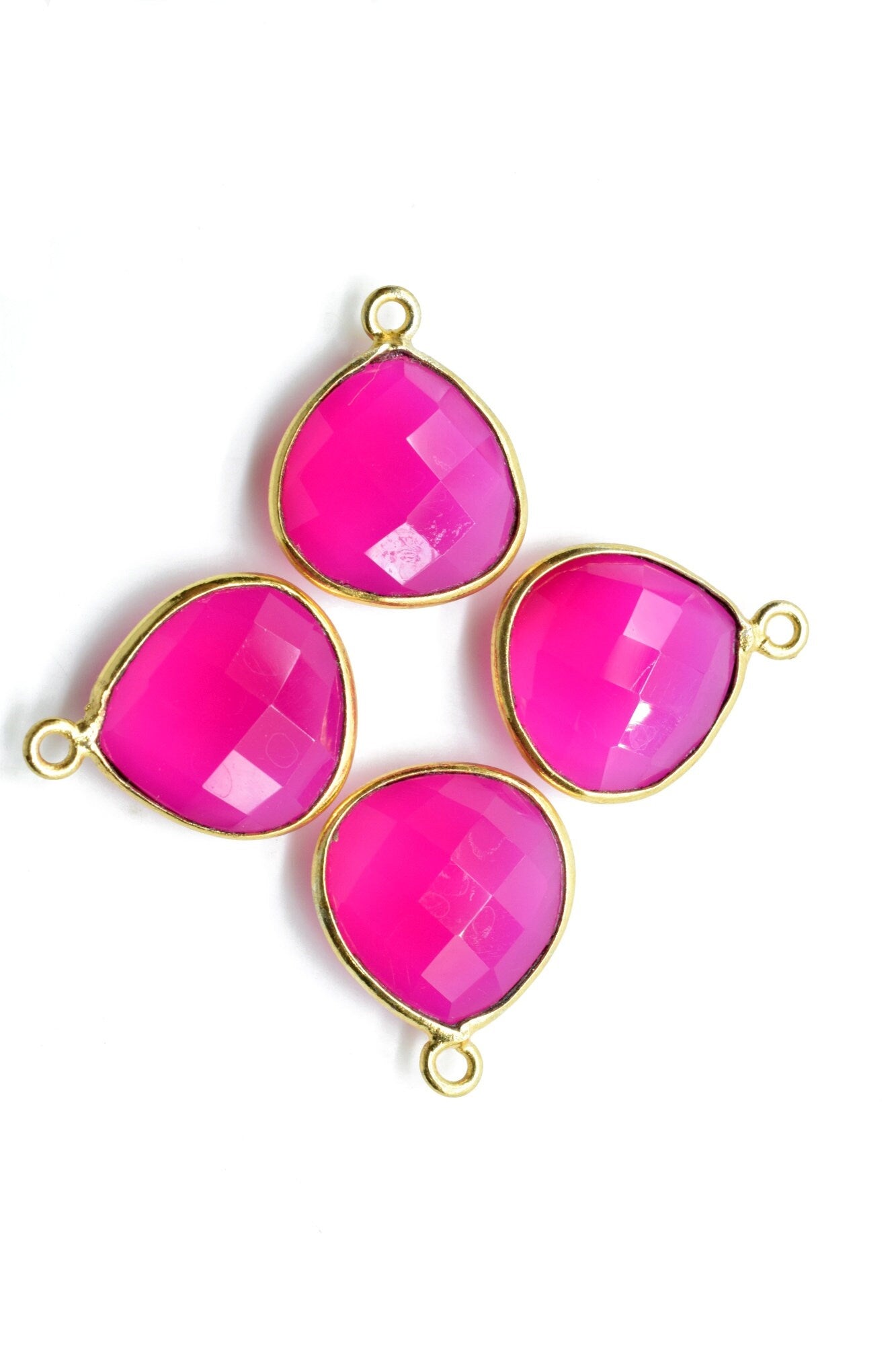 Pink Chalcedony 14mm Heart shape double bail connectors,Pink Chalcedony Round Gold Plated bezel,Jewelry making charms,Pink Brass connectors,
