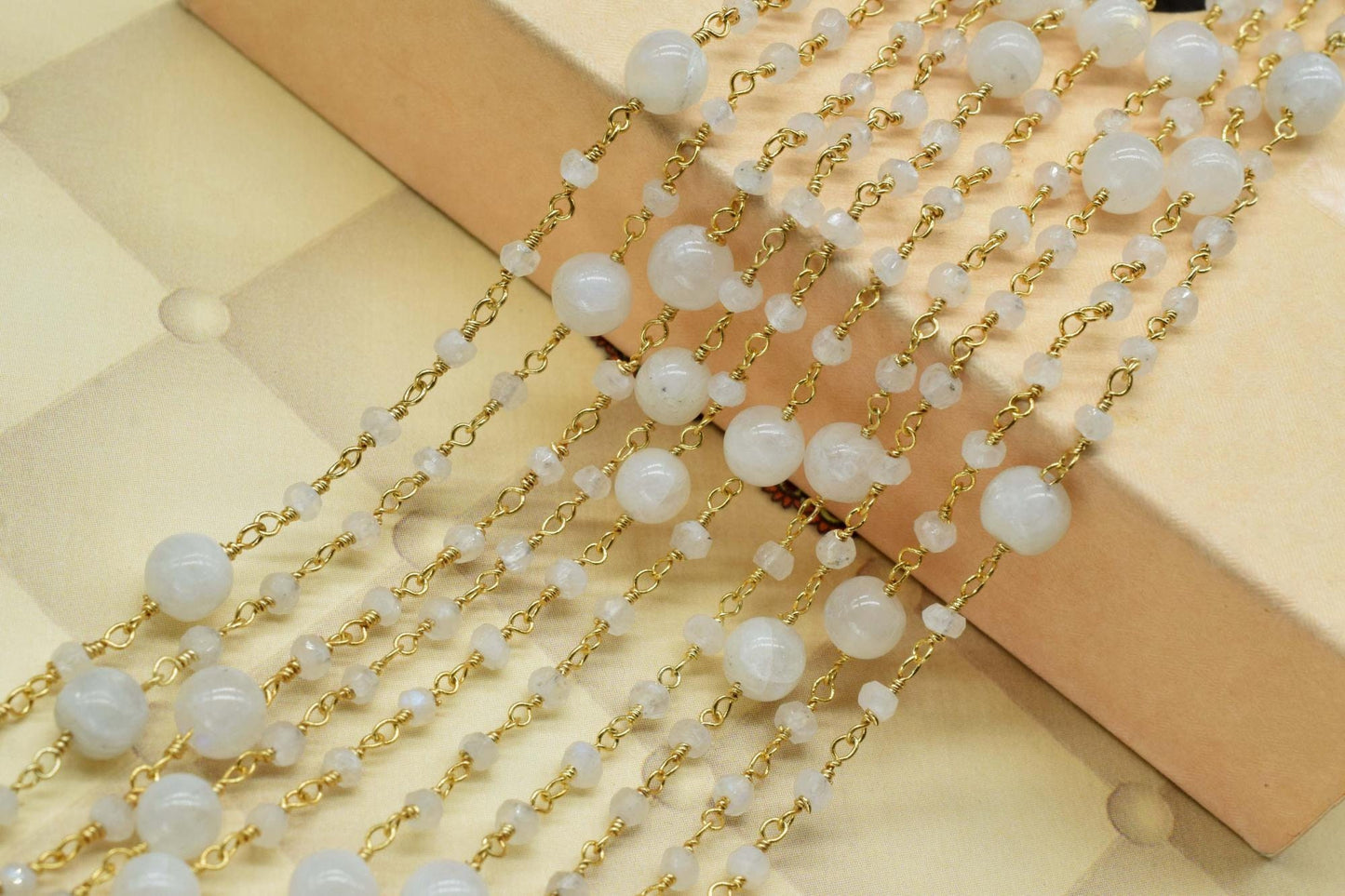 Moonstone 3mm Beaded Chain,Rainbow Moonstone round balls Rosary Chain,Gemstone Chains By the Foot for Rosary Necklace,Rosary Roll Bulk pirce