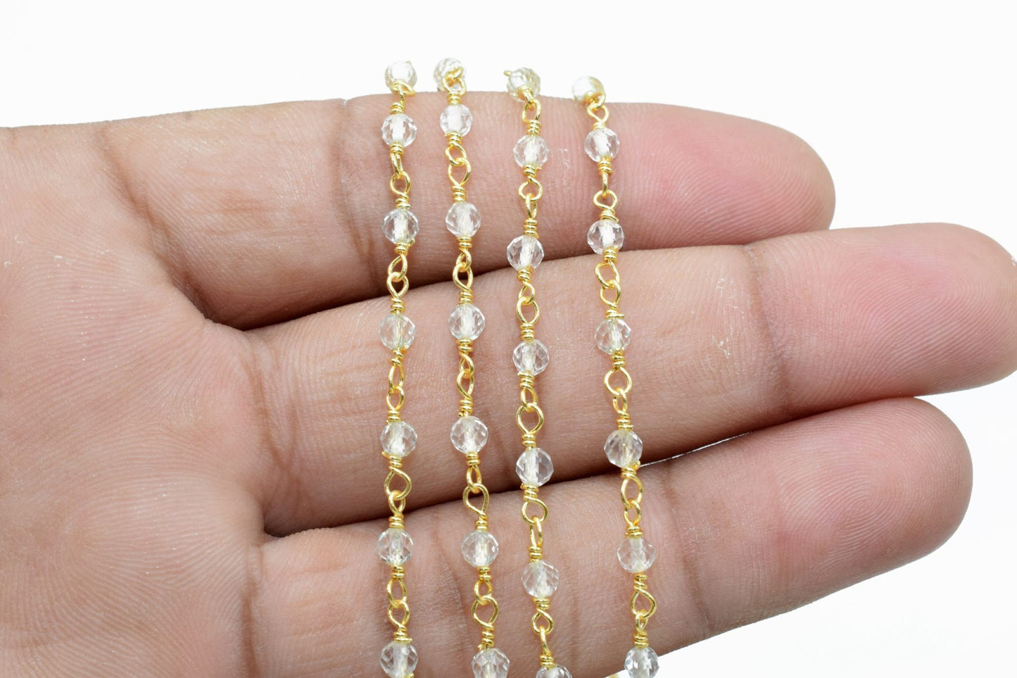 Crystal 3mm Beaded Chain,Rosary Bead, Cut Glass, Super Sparkly, By Foot, Wrapped Brass Wire, Necklace, Bracelet,Easy Open Eyepin gold Chain