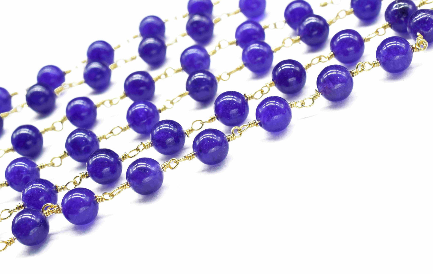 Dark Blue jade Bead Rosary Chain Jewelry,Dark Blue jade Wire Wrapped Gold Plating Bead Chain,Blue jade Smooth Gemstone 6mm Smooth Bead Chain