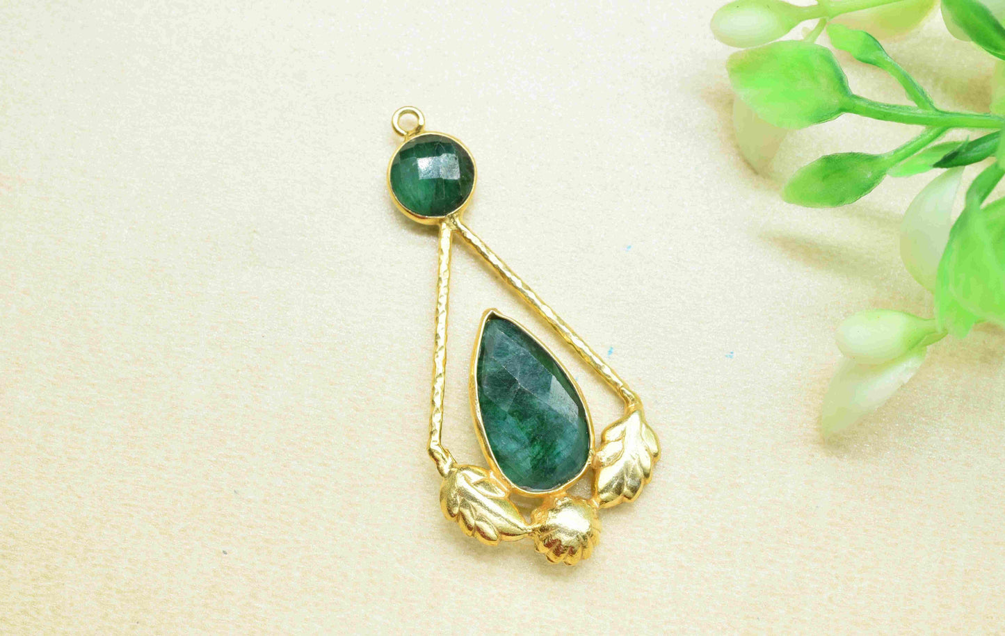 Emerald Gemstone Pendant , Emerald  Handmade Pendant , Multi Gemstone Charms ,Gold Plated Gemstone Connectors , Summer Collection
