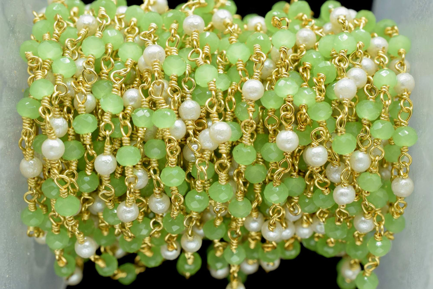 Prehnite Faceted Beads Rosary Chain,Gold Plated Wire wrapped Beaded Chain,Gemstone Beads Rosary Chain,Pearl Rosary Chain,Wire Wrapped Beads