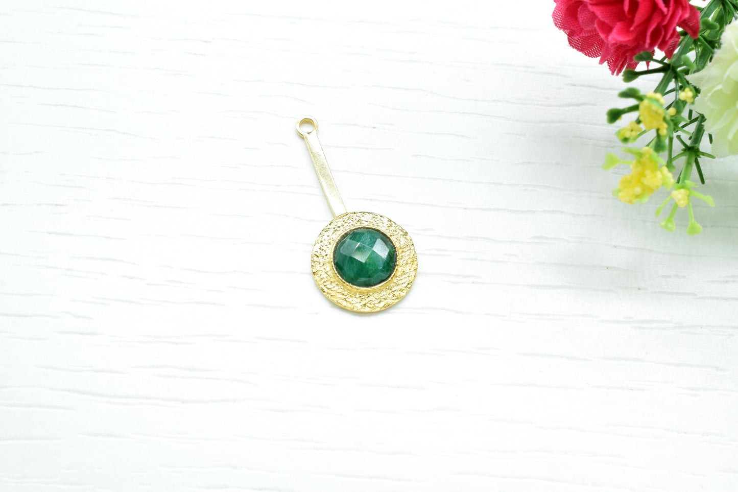 Emerald Pendant , Emerald Gemstone Handmade Pendant ,Single Bail Checker Cut Gemstone Connector, Gold Plated Connectors