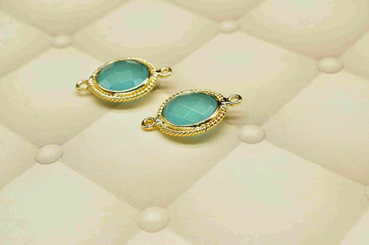 Aqua Chalcedony 10mm Round Shape Bezels Charms,Aqua Chalcedony Gold Plating Gemstone Bezel Connector,Aqua chalcedony Double Loop Charms,Gift