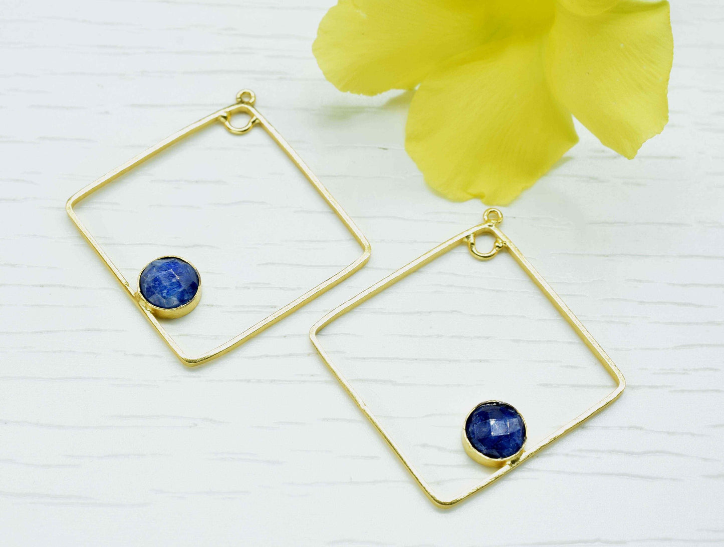 Blue Sapphire Gemstone Component,Gold Plating 32mm Square Shape Earring,Finding Necklace Jewelry,Gemstone Component,Pendant Jewelry,Gift Her