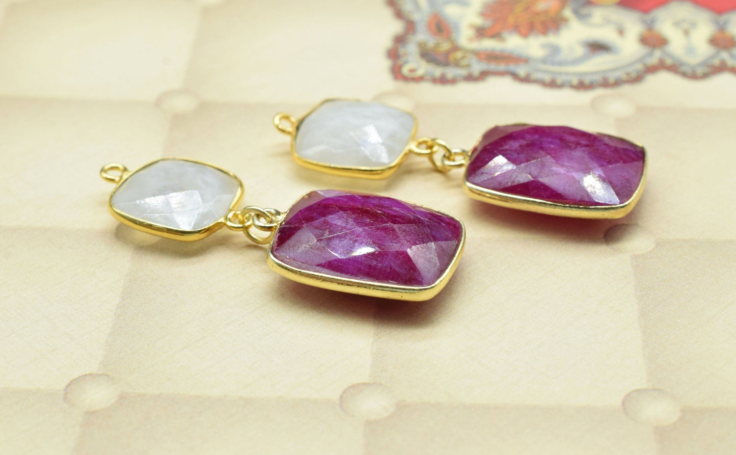 Natural Ruby Component pendant,Multi Stone Dangle Earring,Rainbow Dangle pendant Charm,Gemstone Connector,Square Shape Pendant Jewelry Gift