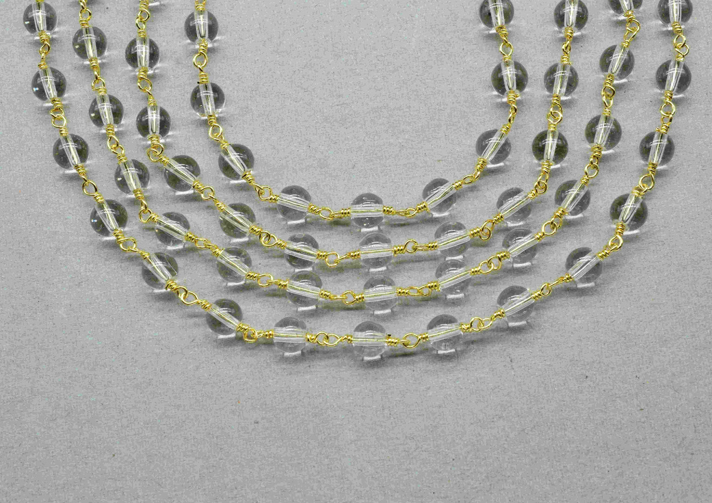 Crystal Quartz Smooth 6mm Round Beaded Chain,Crystal Brass Wire Wrapped Necklace Chain,Easy Open gold Chain,quartz gold Plating Beads Rosary