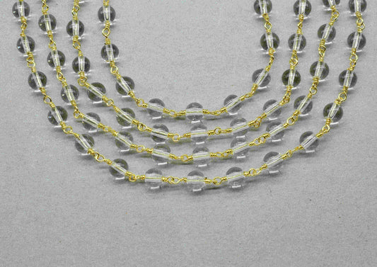Crystal Quartz Smooth 6mm Round Beaded Chain,Crystal Brass Wire Wrapped Necklace Chain,Easy Open gold Chain,quartz gold Plating Beads Rosary