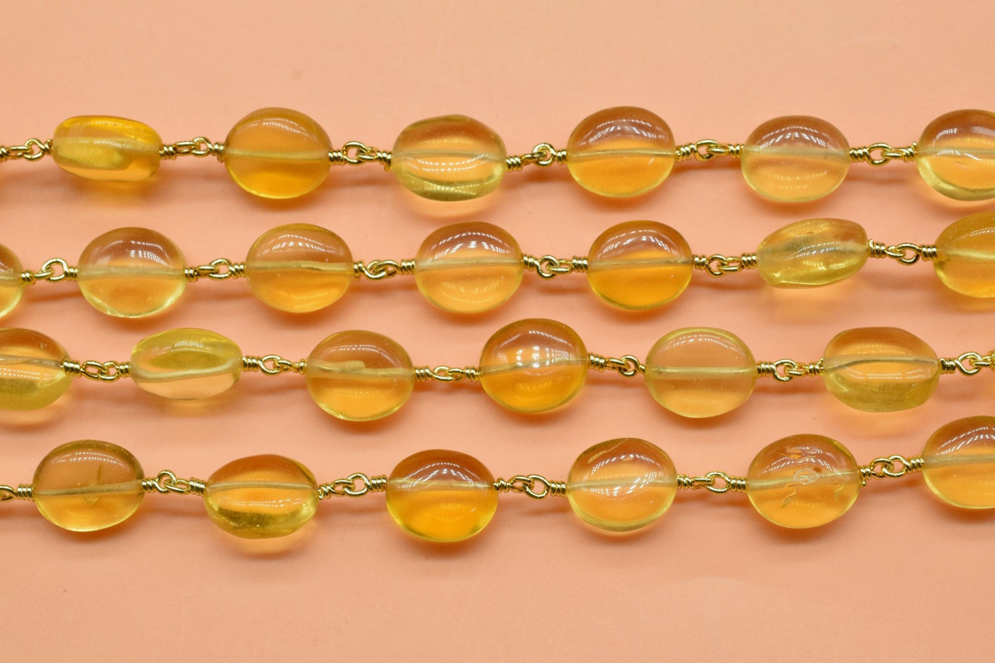Citrine Smooth oval Rosary Beaded Chain,Citrine Oval Wire Wrapped Rosary Chain,Gold Plated wire wrapped Rosary Chain Gemstone Jewelry Making