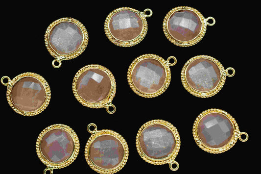 Peach Moonstone 10mm Round Bezel,Gold Plated Bezel,Moonstone Charms,Single Bail Bezels Jewelry,Moonstone Gold Filled Bezel,Moonstone Pendant