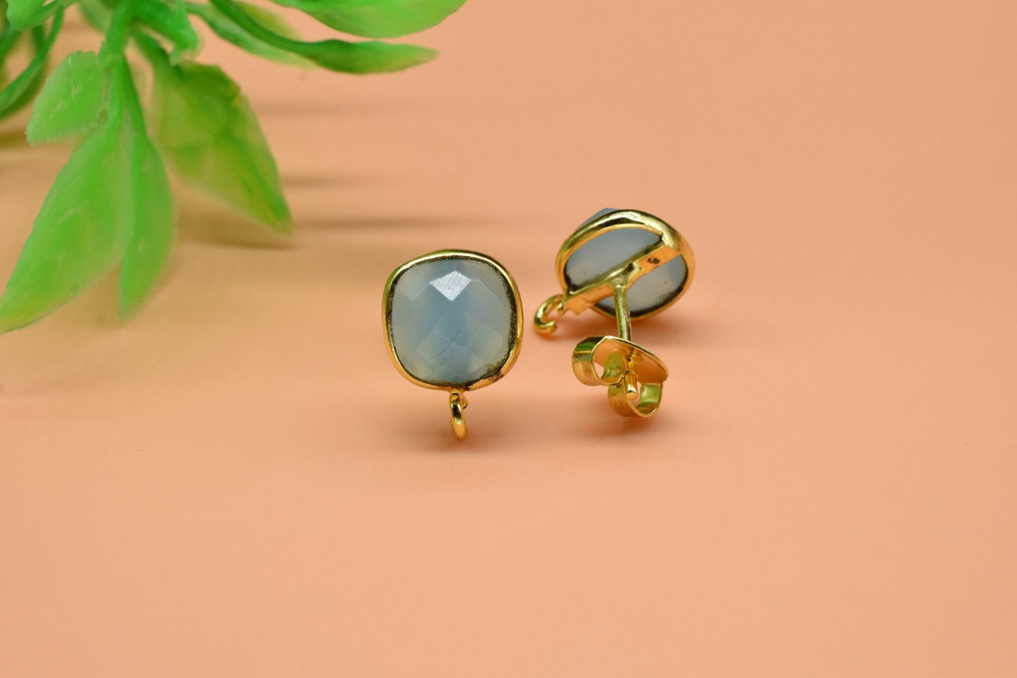 Aqua Chalcedony 8mm Earring Connector,Jewelry,Cushion Earring Connector,Jewelry Making Components,Chrysoprase Ear Stud,Jewelry Supplies,