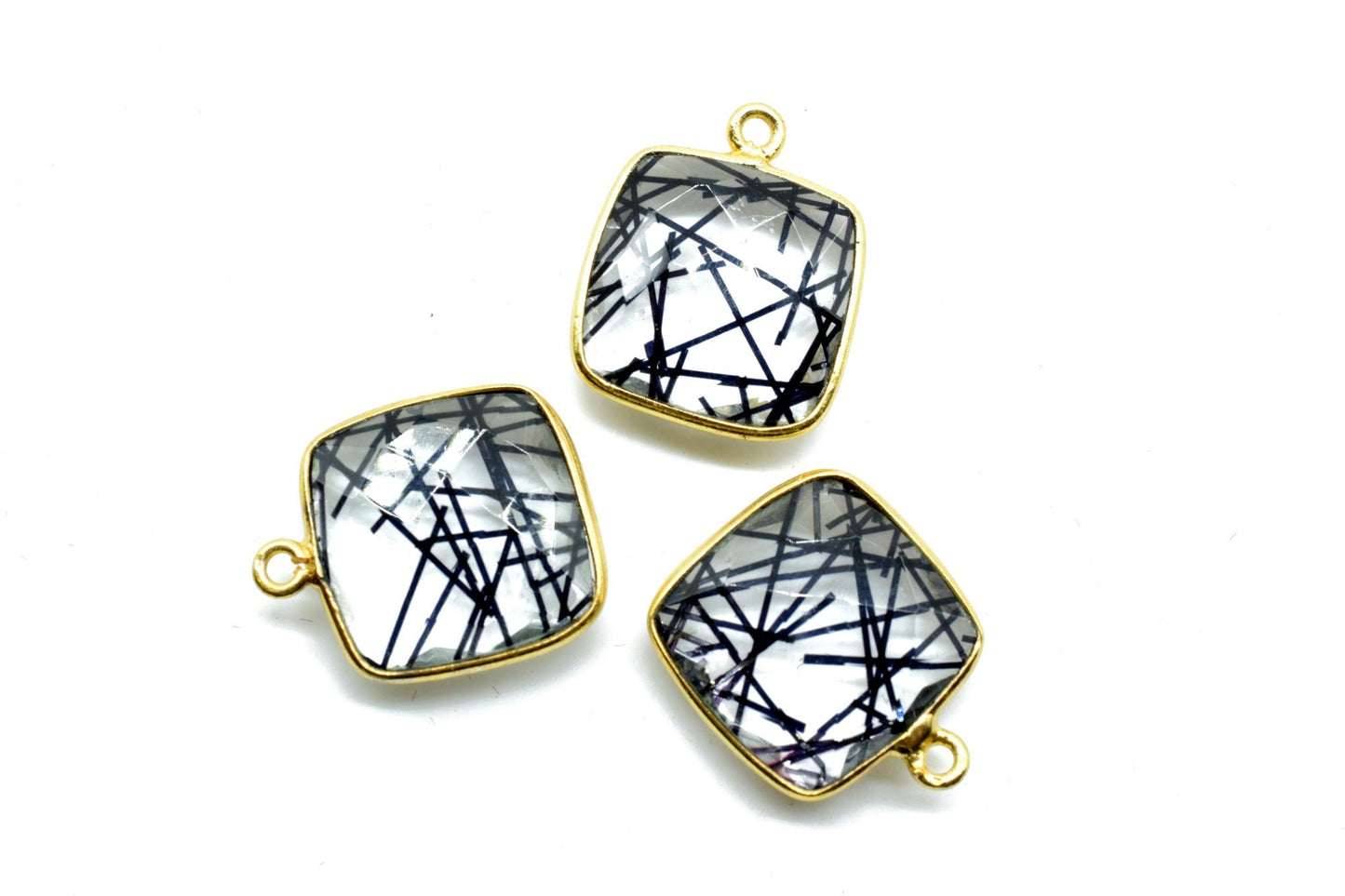 Black Rutile 14mm Cushion Bezel charm,Black Rutile Components Cushion Shape Connectors,Black Rutile Single Bail Over Brass Gold Edge Jewelry