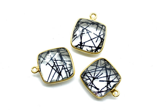 Black Rutile 14mm Cushion Bezel charm,Black Rutile Components Cushion Shape Connectors,Black Rutile Single Bail Over Brass Gold Edge Jewelry