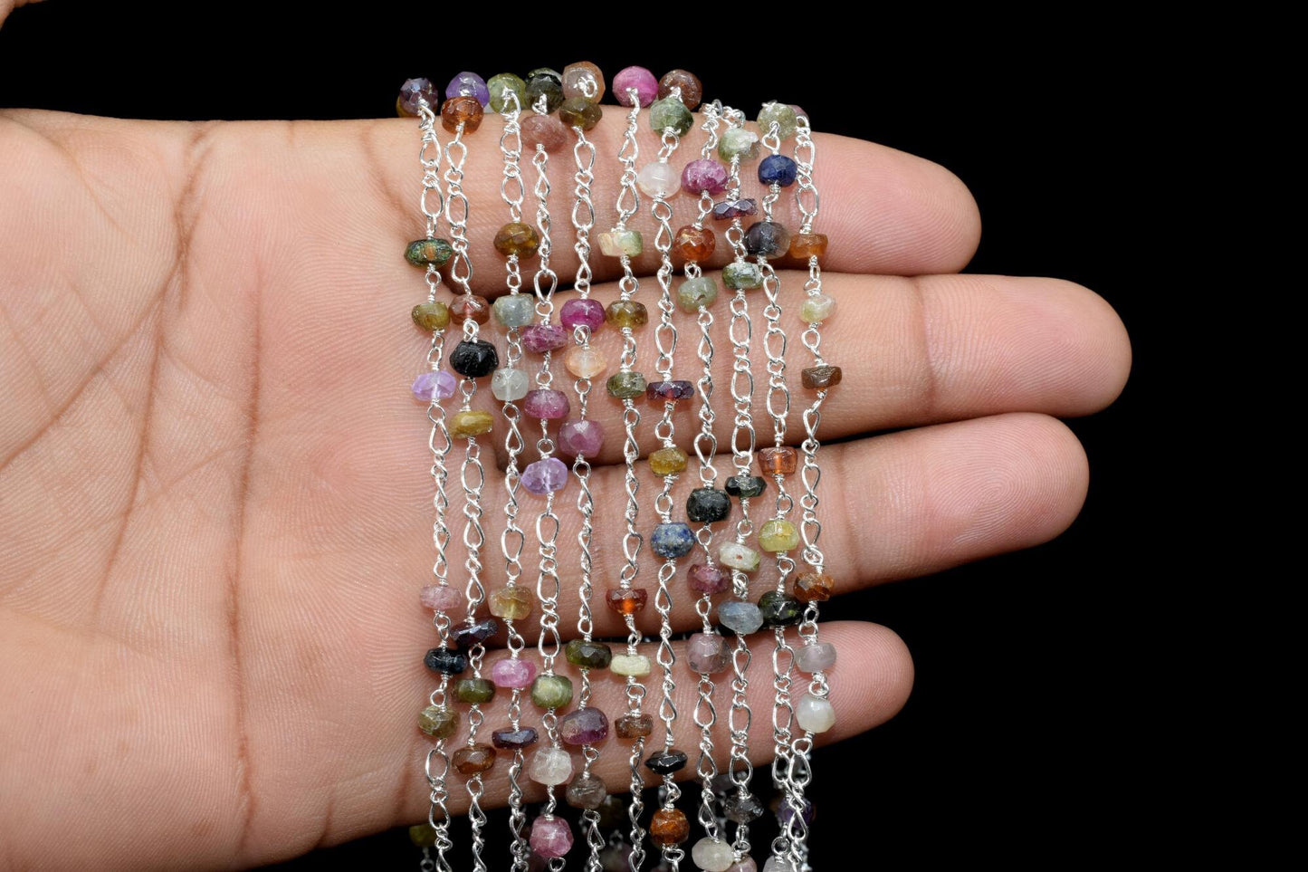 Multi Tourmaline Rosary Chain,Multi Tourmaline Wire Wrapped Rosary,beaded chain,Natural Multi Tourmaline beaded Chain,gold chain,chains,