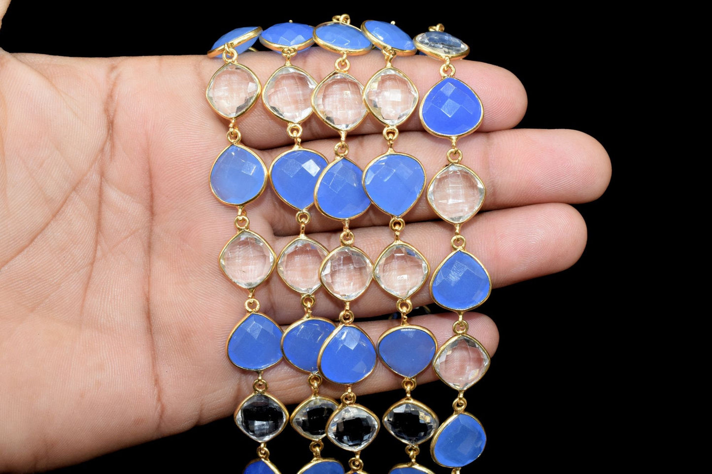 Blue chalcedony & Crystal Bezel Chain I Handmade Bezel Link Chain I Chalcedony Gold Plated Bezel Chain,,Gemstone Connector Chain Per Foot