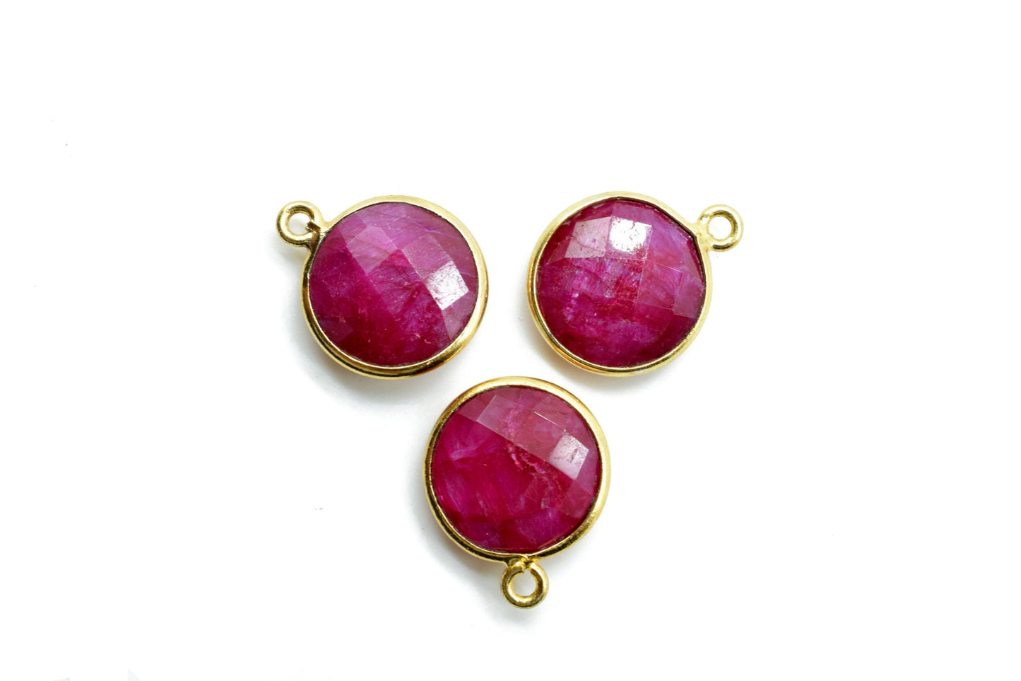 Natural Ruby 12mm charm,Ruby Pendant,Ruby Round Gold Plated bezel,Ruby Vermeil Bezel,Ruby jewelry making charm,Ruby Brass connector,Ruby