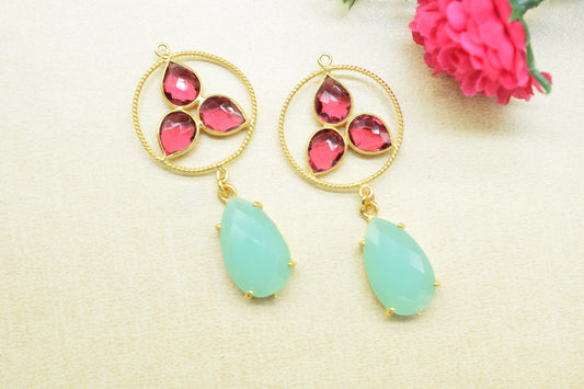 Pink Tourmaline Bezel Charms Connector/Aqua Chalcedony Prong Jewelry/Earring Connector/Station Bezel Link Pendant/Handmade Jewelry/Gift