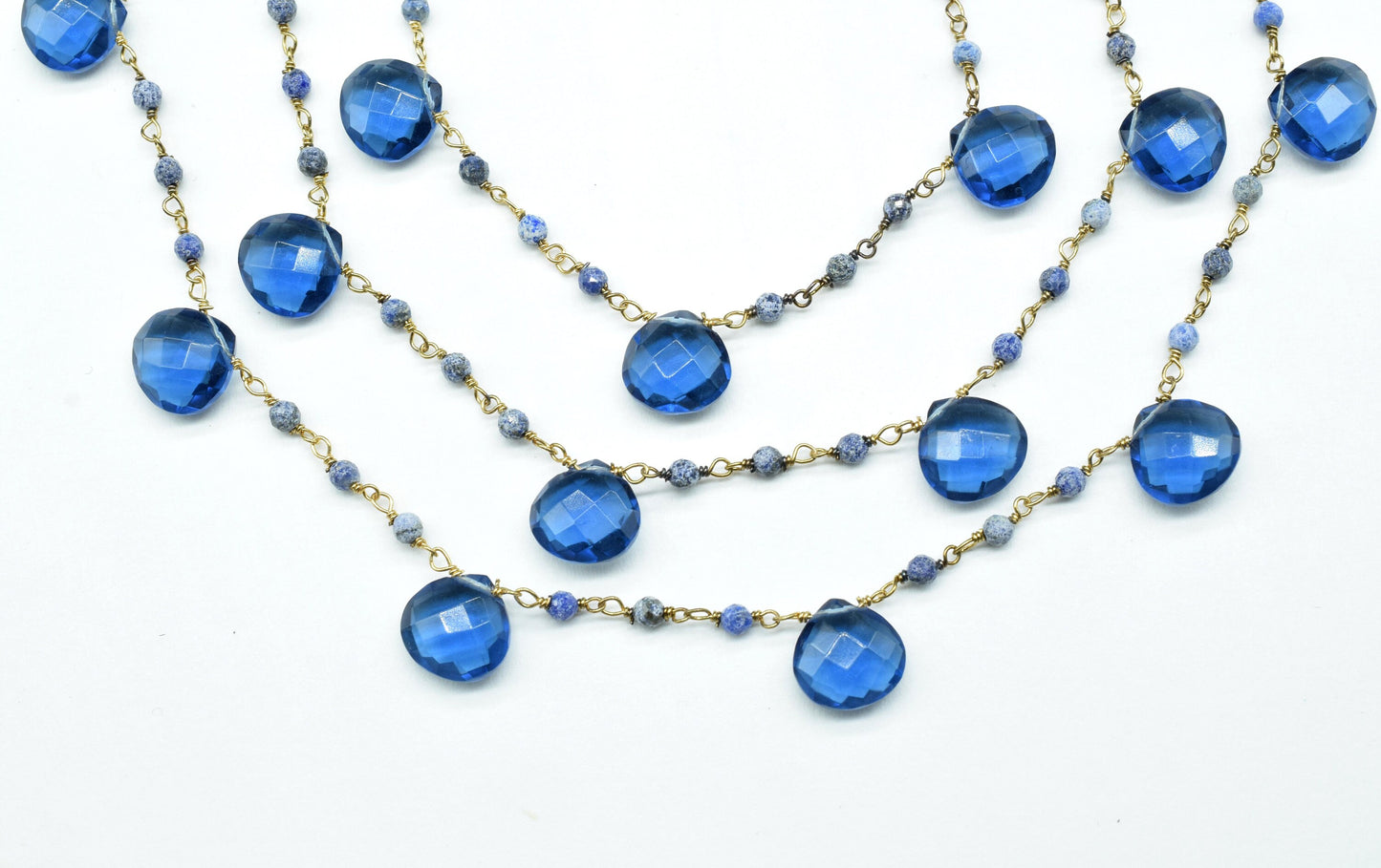 kynite teardrop beaded chain,lapis beaded chain,gesmtone cluster rosary,wire wrapped beaded chain,lapis cluster,beaded chain,gold plated