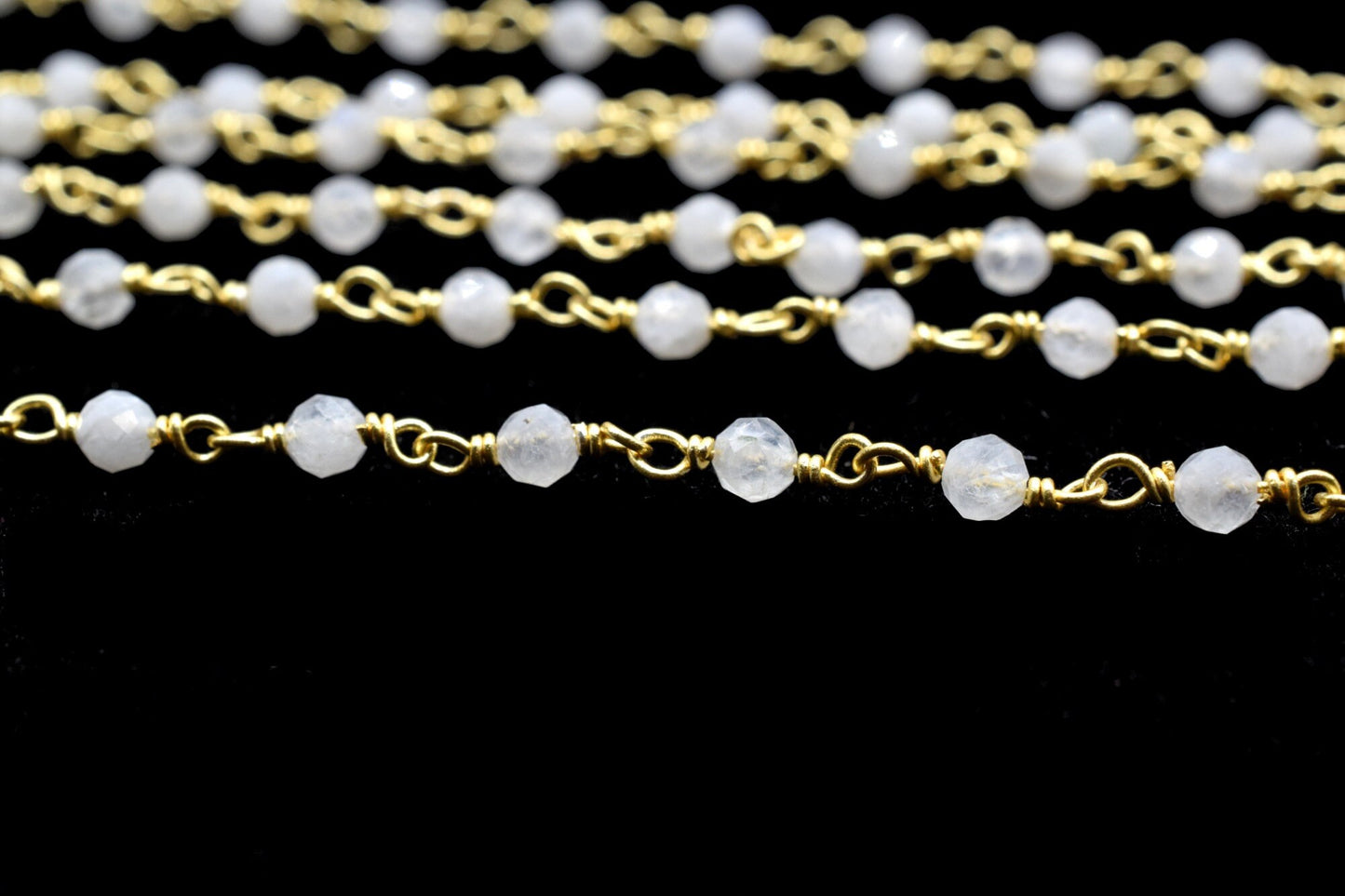 Moonstone 3mm Beaded Chain,Rainbow Moonstone Wire Wrapped Beaded Chain -Gold Rosary Style Chain -BuY in BULK,Rosary Chain,Brass Gold Plating