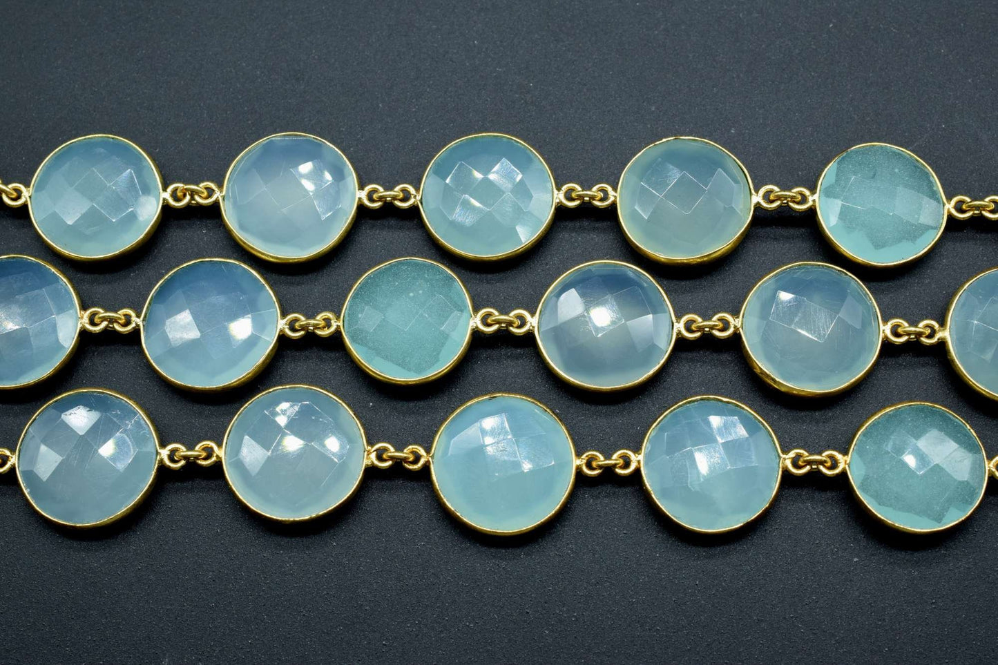 Aqua Chalcedony Round Connector Chain,Chalcedony Gold Bezel Connector Chain,Round Aqua Chalcedony Faceted Gemstone,Gold Plated Rosary Chain