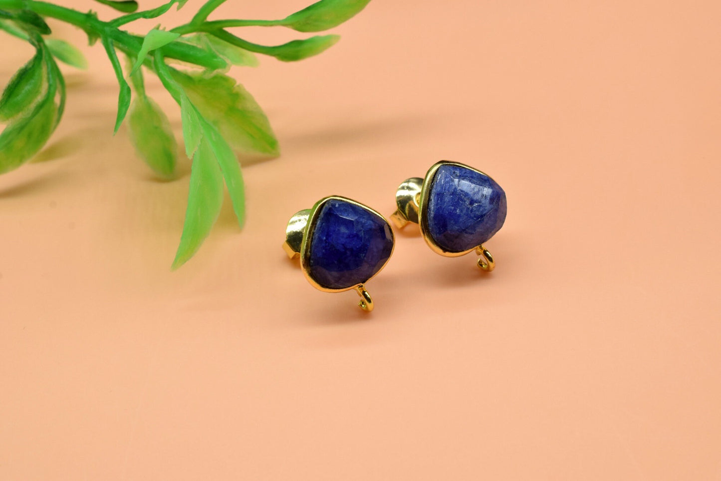 Blue Sapphire 10mm Heart Shape Earring Connector,Earring Findings,Blue Sapphire post stud,Gold Plated Earring Connector,Sapphire Stud