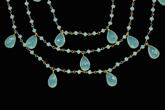 Aqua Chalcedony 8x12mmTeardrop Shape Bezel Chain,Chalcedony Faceted Beads Chain,Handmade Bezel Link,Aqua Jewelry,Beads Jewelry Making Chains