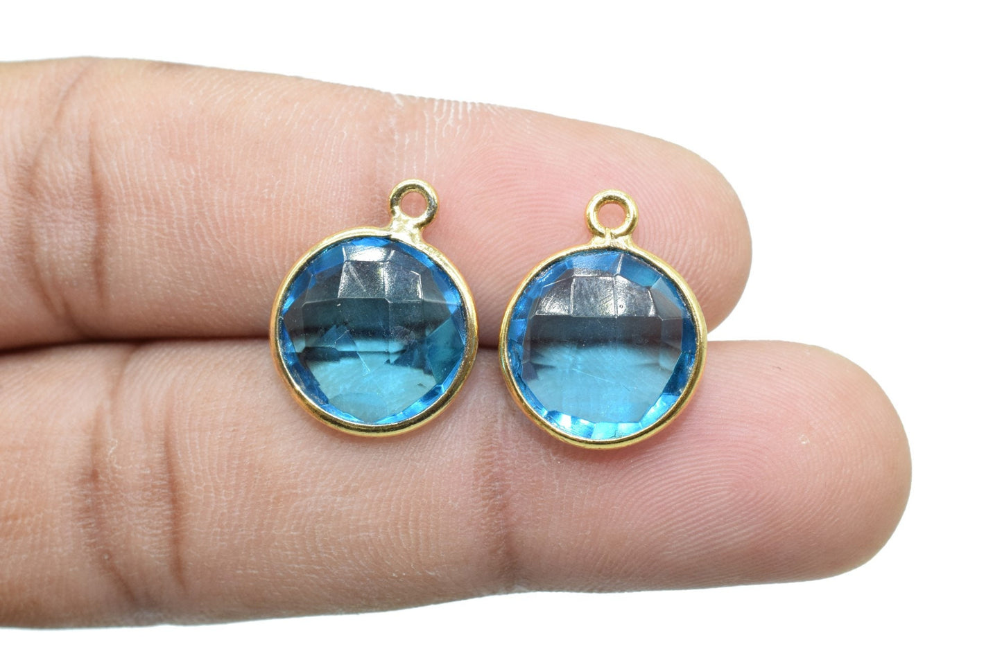 London Blue Topaz 12mm Round charm,Brass Gold Plated bezel,Blue Topaz Pendant,TeardropGold Bezel Trim Edge Faceted Gemstone,Blue Topaz charm