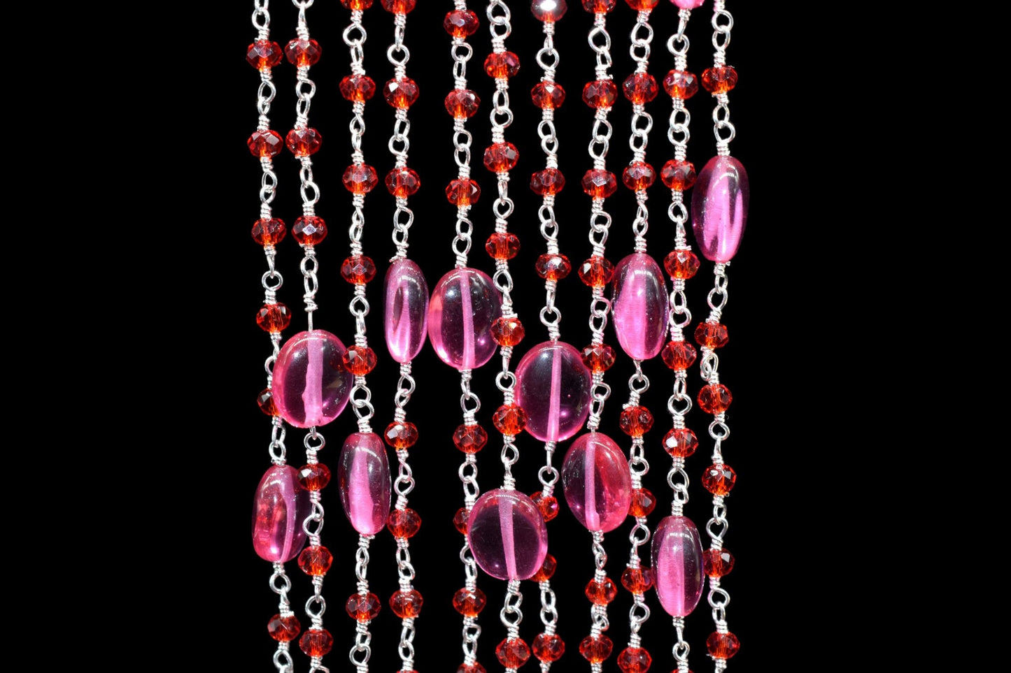 Natural Pink chalcedony Smooth Oval Rosary Style Beaded Chain,Gold Plated Wire Wrapped Chain,Gemstone Linked Handmade Chain,Jewelry Making,