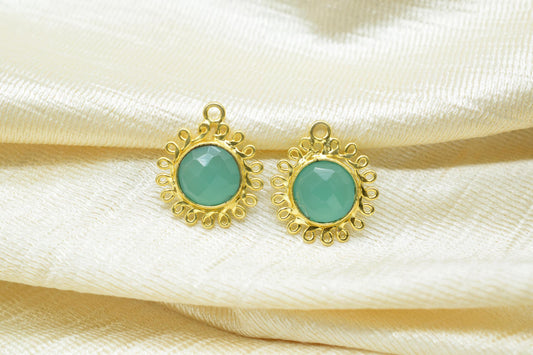 Aqua Chalcedony 10mm Round Bezel Charm,Gemstone Brass Component,Single Bail Pendant,Round Faceted charms,Handmade Jewellery Connector,Gift